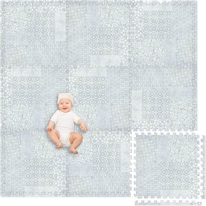 Play Platoon Non-Toxic Large Kids Play Mats for Floors, 9 Tile 72 x 72 inch - Extra-Thick Interlocking Comfortable Cushiony 24 x 24 in. Puzzle Mat with Border, Neutral Playmat Rug for Toddlers 72x72 Boho Rainbow