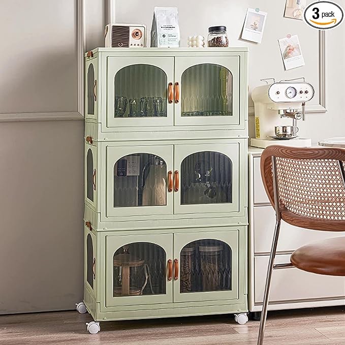 Fordonral 3 Pack Closet Organizers and Storage, Collapsible Storage Bins with Lids and 3 Doors, Heavy Duty Stackable Storage Bins Modern Cabinet, 3 × 11 Gallon / 50 Liters / 44 Quart