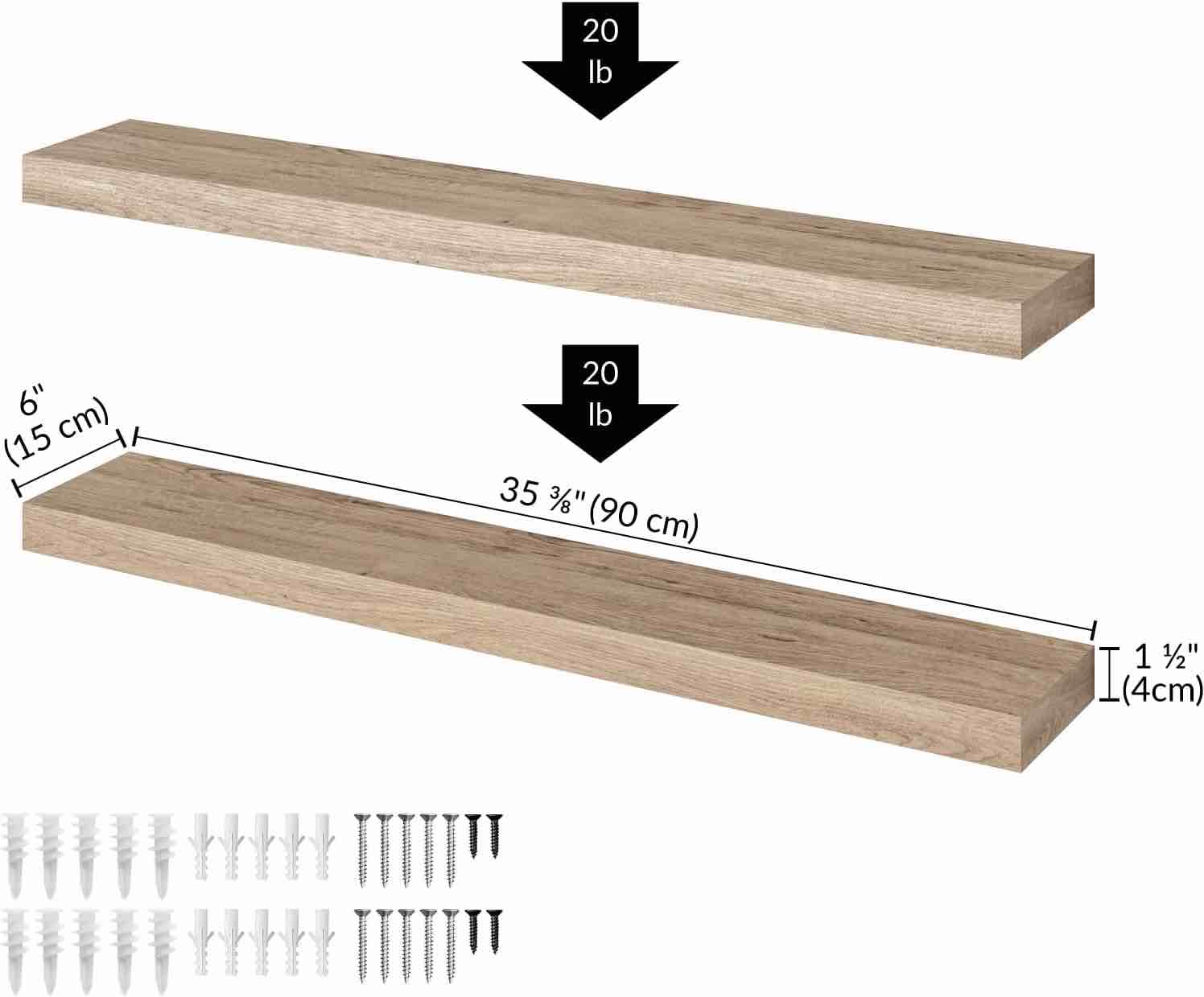 Ballucci Floating Shelves, 36" Wood Wall Shelf Set of 2, with Invisible Brackets for Bathroom, Living Room, Bedroom, Kitchen, Nursery, 6" Deep, Oak Finish