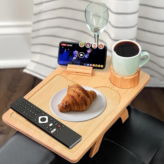 HULISEN Couch Cup Holder, Sofa Arm Tray with 360Â° Rotating Phone Holder & Cup Holder, Folding Anti-Slip Couch Arm Table, Bamboo Couch Tray Clip on Side Table for Small Space, Eating, Snacks, Remote