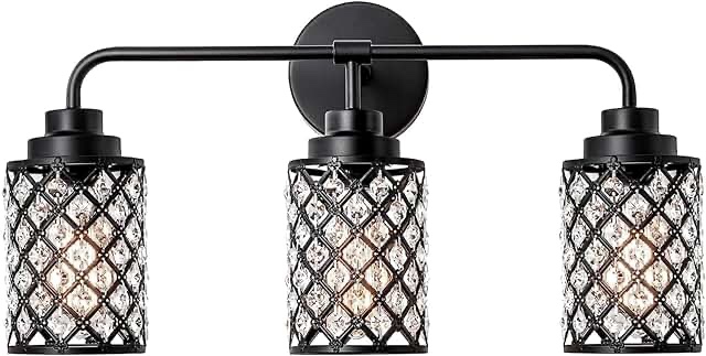 FIYUEOYI 3 Light Black Bathroom Light Fixtures, Modern Crystal Vanity Light Fixtures Farmhouse Bathroom Lighting Fixtures Over Mirror for Powder Room Entryway Kitchen