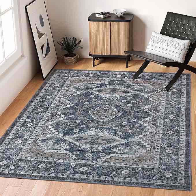 Rugland 5x7 Area Rugs - Stain Resistant Washable Rug, Anti Slip Rugs for Living Room, Vintage Tribal Area Rugs(TPR07-Navy, 5'x7')