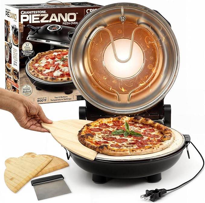 PIEZANO Crispy Crust Pizza Oven by Granitestone – Electric Pizza Oven Indoor Portable, 12 Inch Indoor Pizza Oven Countertop, Pizza Maker Heats up to 800?F for Stone Baked Pizza at Home As Seen on TV