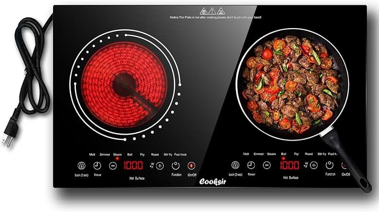Electric Cooktop 2 Burner 24 Inch Electric Stove Top 110v Double Burner Infrared Burner Built-in 2200W, Compatible for All Cookware Multiple Power Levels with Child Safety Lock & Timer