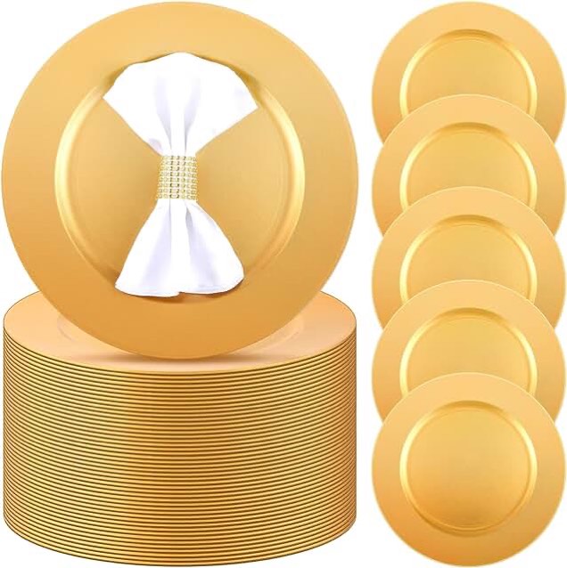 Zhehao 100 Pcs Charger Plates Bulk 13 Inch Round Wedding Chargers Plastic Plate Chargers Dinner Charger Plates for Christmas Table Setting Wedding Party Decoration(Gold)