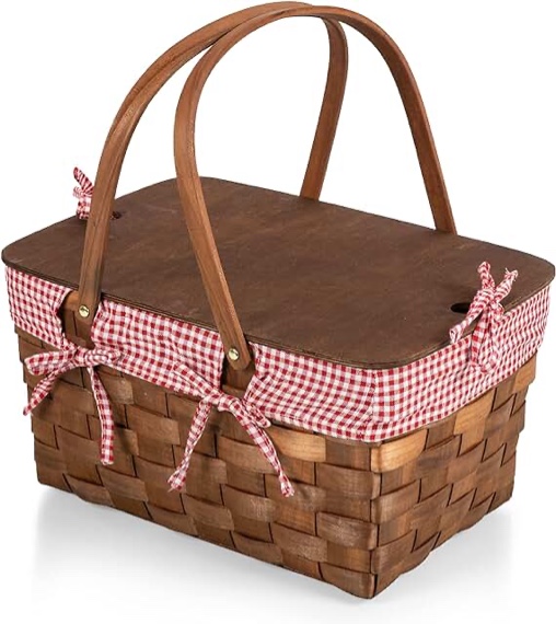 PICNIC TIME Kansas Handwoven Wood Picnic Basket, Woven Basket with Tabletop Lid, Large Basket for Picnic, (Red & White Gingham Pattern)