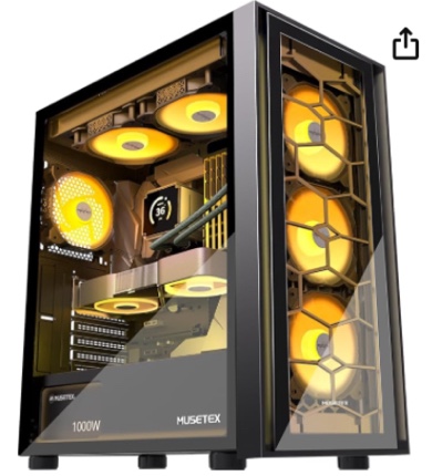 MUSETEX ATX PC Case, 6 PWM ARGB Fans Pre-Installed, Computer Case with Double Tempered Glass, Mid Tower Gaming PC Case, USB 3.0 x 2, Black, G07