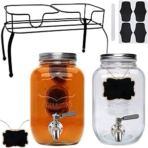 Accguan 1-Gallon Drink Dispenser,Glass Water Dispenser with Tin Lid and Stainless steel faucet,Black Iron Frame,Mason Drink Dispenser for Parties, Picnics, Barbecues and Daily,2 pack