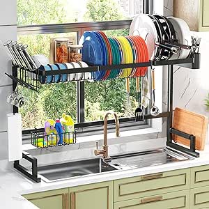 ADBIU Over The Sink (24"- 32.5" L) Dish Drying Rack (Expandable Dimension) Snap-On Design 2 Tier Kitchen Large Dish Drainer Stainless Steel Counter Storage Organizer