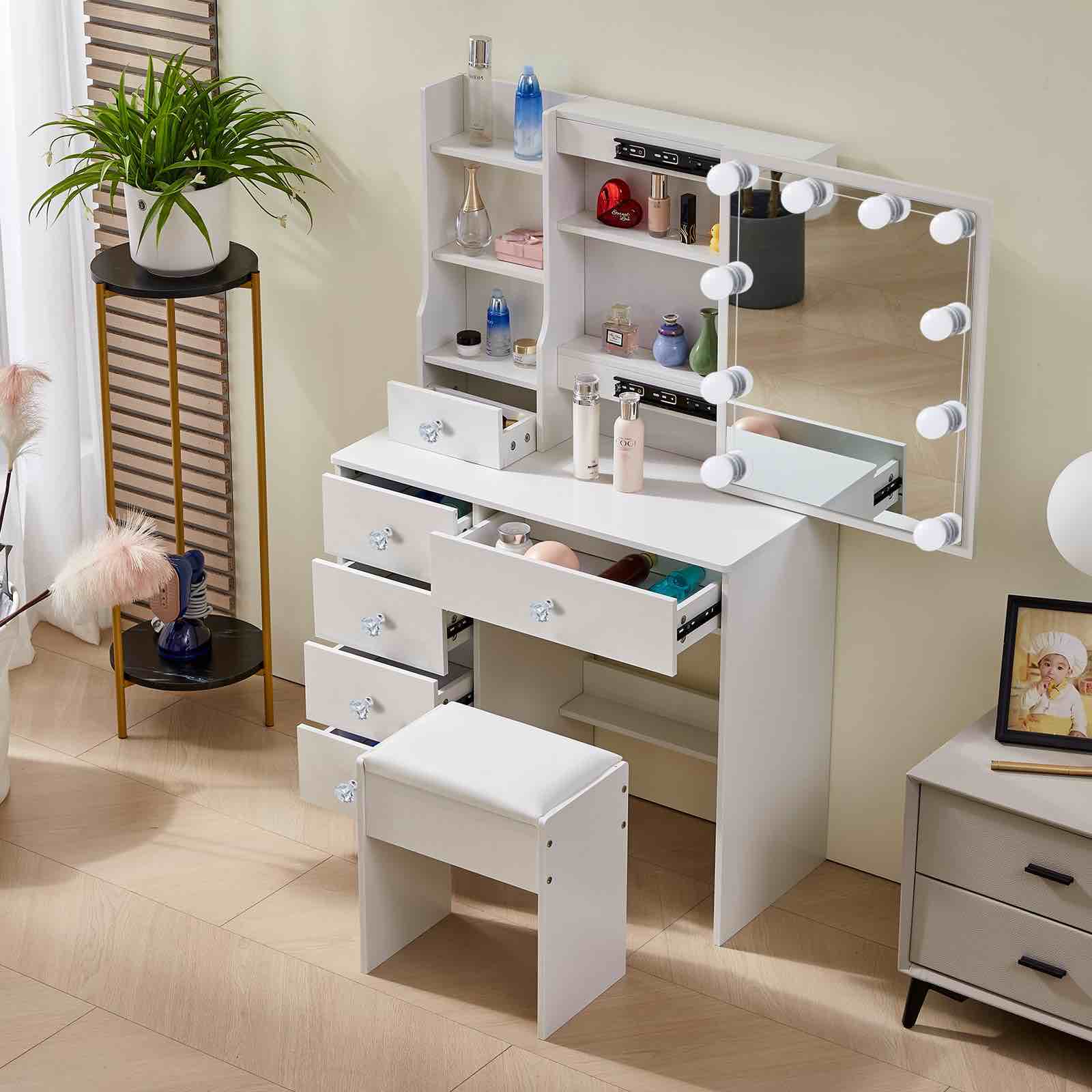 Vanity Set Dressing Table Stool & LED Lighted Mirror 6 Drawer Makeup Desk+Stool