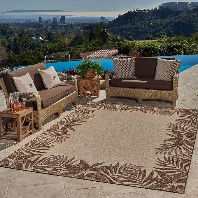 Gertmenian Indoor Outdoor Classic Flatweave Area Rug, Stain & UV Resistant Carpet, Deck, Patio, Poolside & Mudroom, Palm Tree Border Brown, 21261