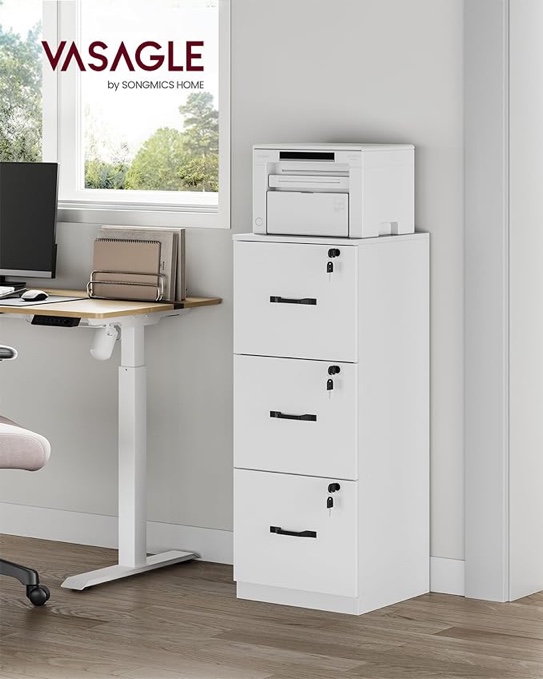 VASAGLE Filing Cabinet, Office Cabinet for Home Office, Printer Stand with 3 Lockable Drawers, Adjustable Hanging Bar, A4 and Letter Formats, Cloud White OFC055W14