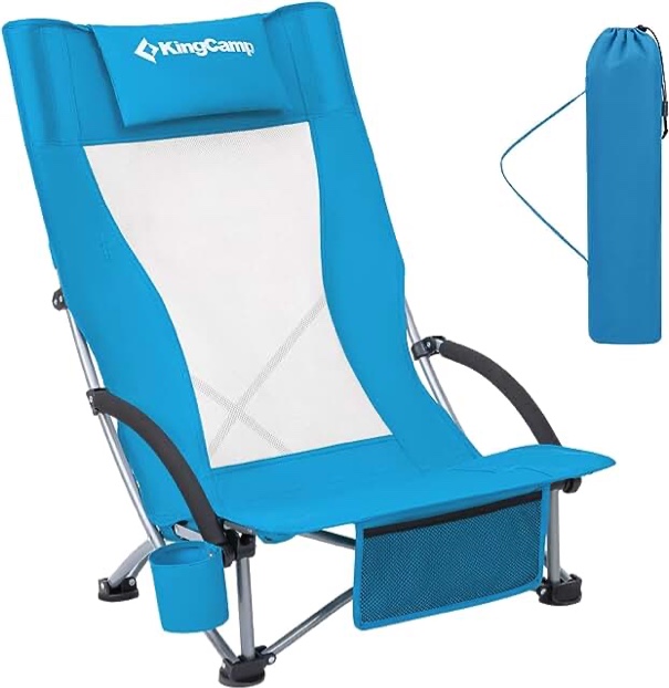 (1 pc) KingCamp Low Folding Beach Chairs for Adults,Portable Lightweight Lowback Sling Chair with Headrest,Cup Holder,Carry Bag Armrest,Foldable Chair for Sand Camping Concert Travel,300LBS Lowback Blue 2 Low Back