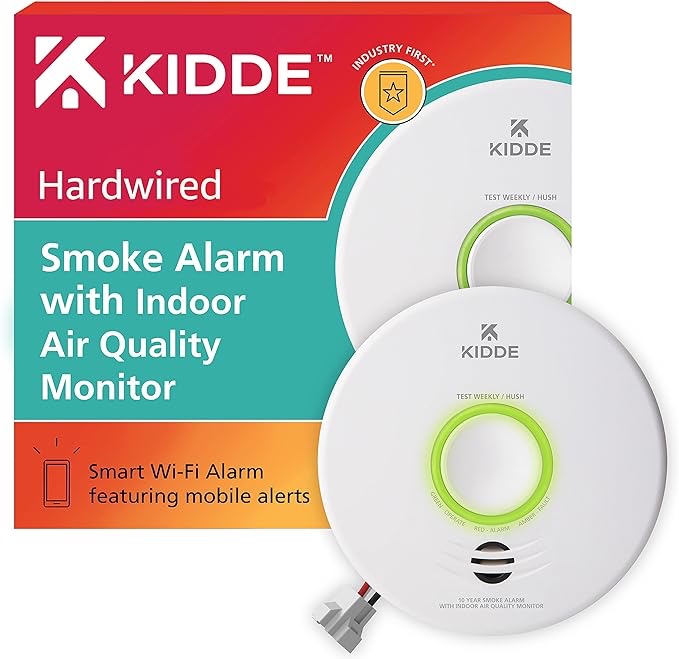 Kidde Smart Smoke Detector & Indoor Air Quality Monitor, WiFi, Alexa Compatible Device, Hardwired w/Battery Backup, Voice & App Alerts Smoke + Air Quality 1 Pack