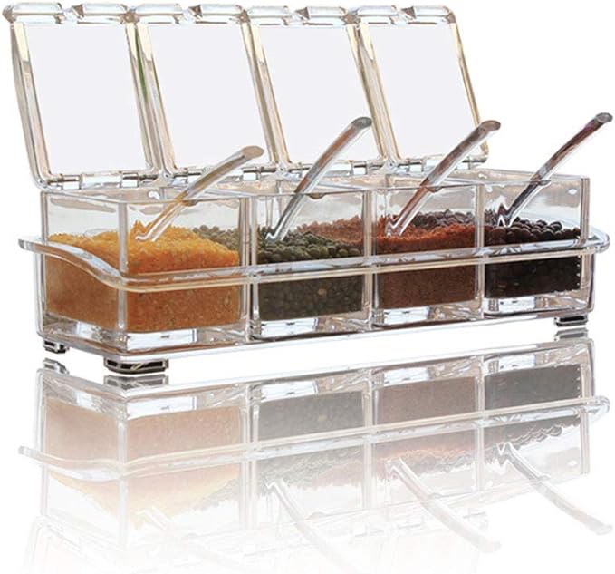 Clear Seasoning Box,V-Resourcing 4 Pieces Clear Seasoning Storage Container for Spice Salt Sugar Cruet,Condiment Jars with Spoons…