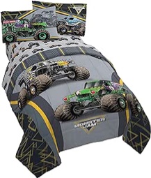 Jay franco Monster Jam MJ Life 4 Piece Twin Bed Set-Includes Reversible Comforter&Sheet Set-Bedding Features Grave Digger, Max-D, Megalodon-Super Soft Microfiber-(Official Monster Jam Product)