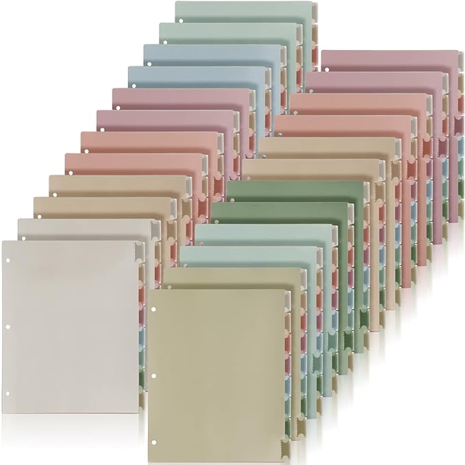 24 Sets 8 Tab Plastic Binder Dividers for 3 Ring Binders 8.5 x 11 Inch Multicolor Dividers 3 Hole Punched Page Dividers Sturdy Binder Index Dividers for School Office (Dark Color)