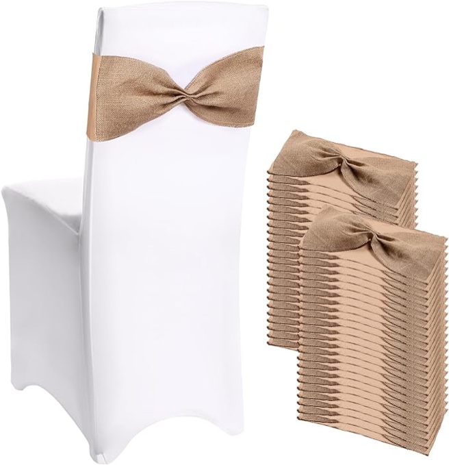 Newwiee Burlap Stretch Chair Sashes Linen Spandex Chair Sashes Dining Rustic Chair Bands Ties for Wedding Dining Banquet Event Party Favor Ceremony Decoration (48 Pieces)