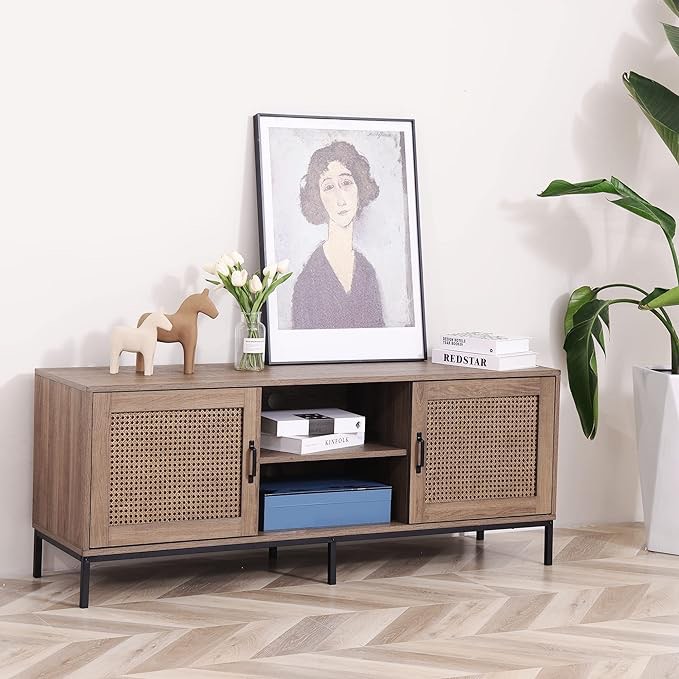 BIRASIL Rattan TV Stand, Industrial Wood TV Cabinet with Doors, Entertainment Center with Storage, Rustic Television Stands for TVs up to 60 inch for Living Room (Natural Oak, 56 Inch)