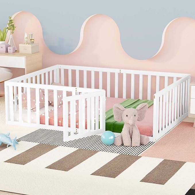 Lostcat Queen Size Wood Floor Bed Frame with Fence, Montessori Floor Bed w/Door, Kids Noise Free Beds, No Box Spring Needed, Easy Assembly, for Children, Toddlers, White