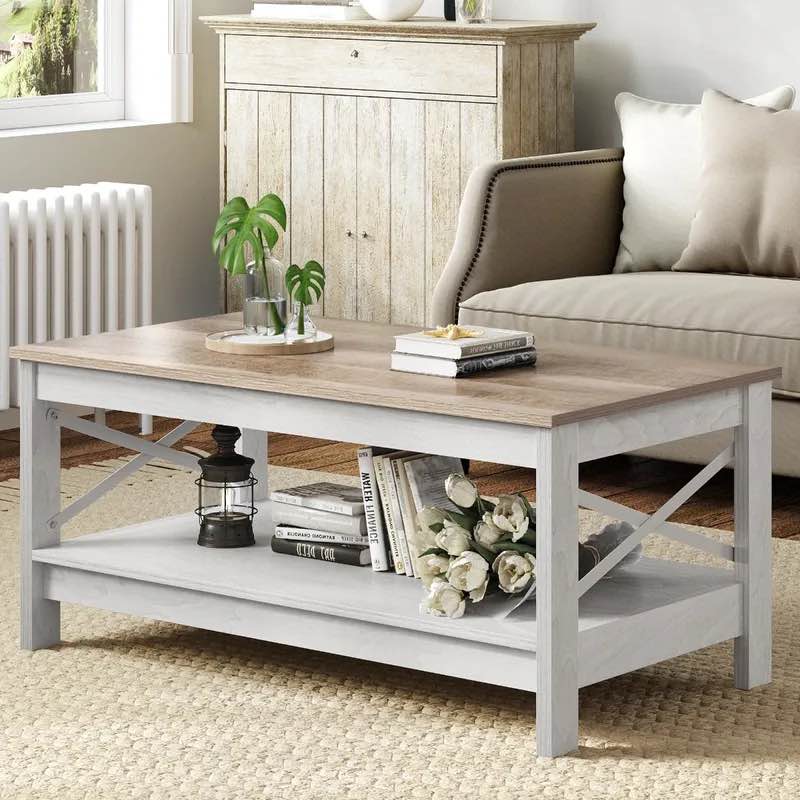Farmhouse Wood Coffee Table with Storage in Gray Wash for Living Room