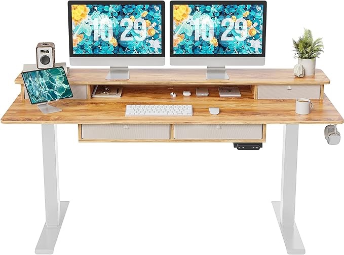 FEZIBO Sturdy Height Adjustable Electric Standing Desk with Drawers, 63 x 24 Inch Stand Up Table with Large Storage Shelf, Sit Stand Desk