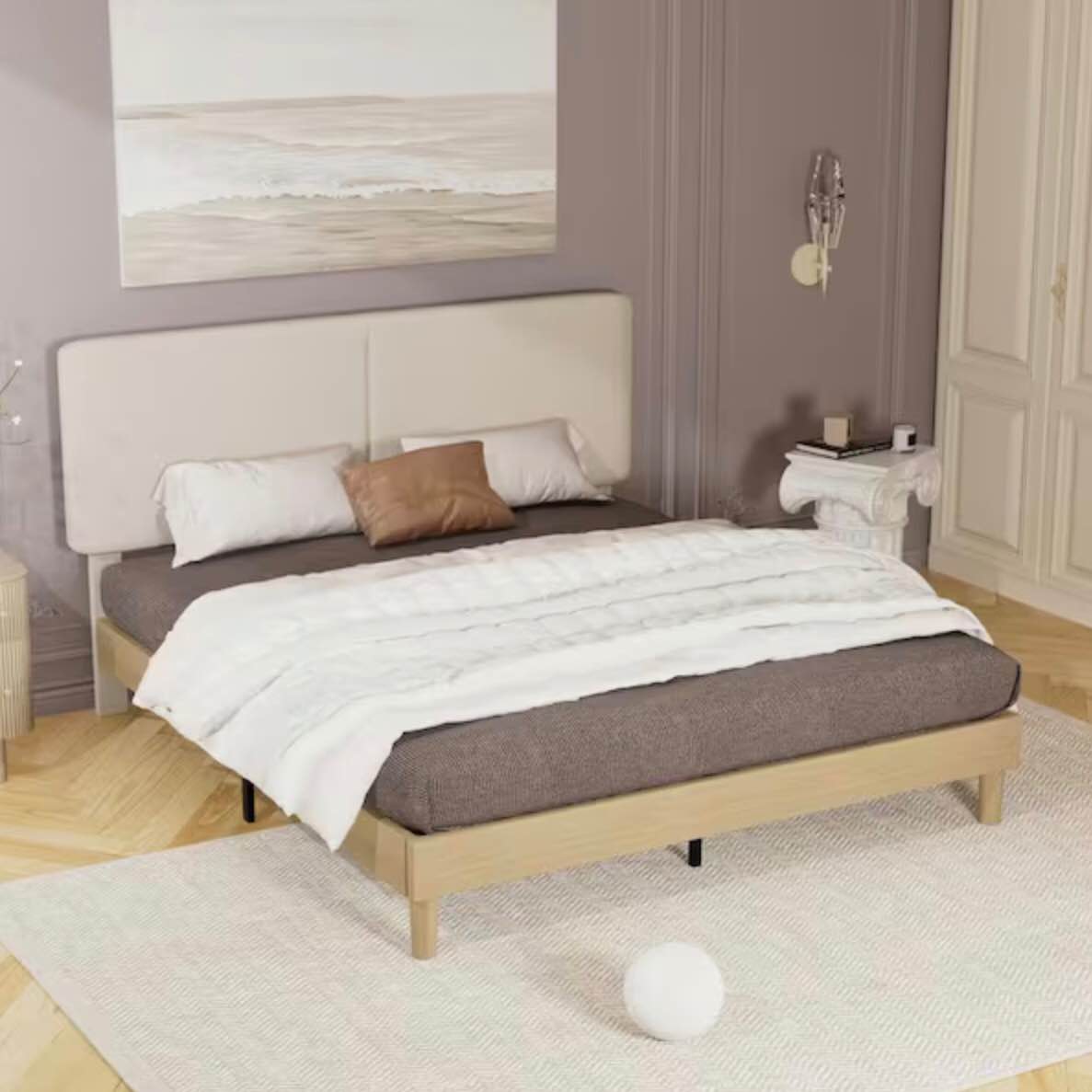 VECELO Upholstered Bed Frame with Linen Fabric Headboard, Queen