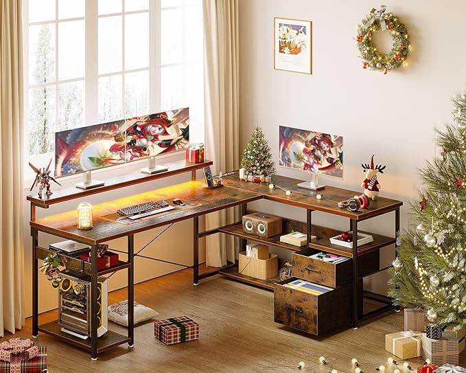 ODK L Shaped Gaming Desk with Power Outlets & LED Strip, Reversible Computer Desk with File Drawer, Home Office Desk with Storage Shelves, 53 Inch Gamer Corner Desk with Monitor Stand, Vintage