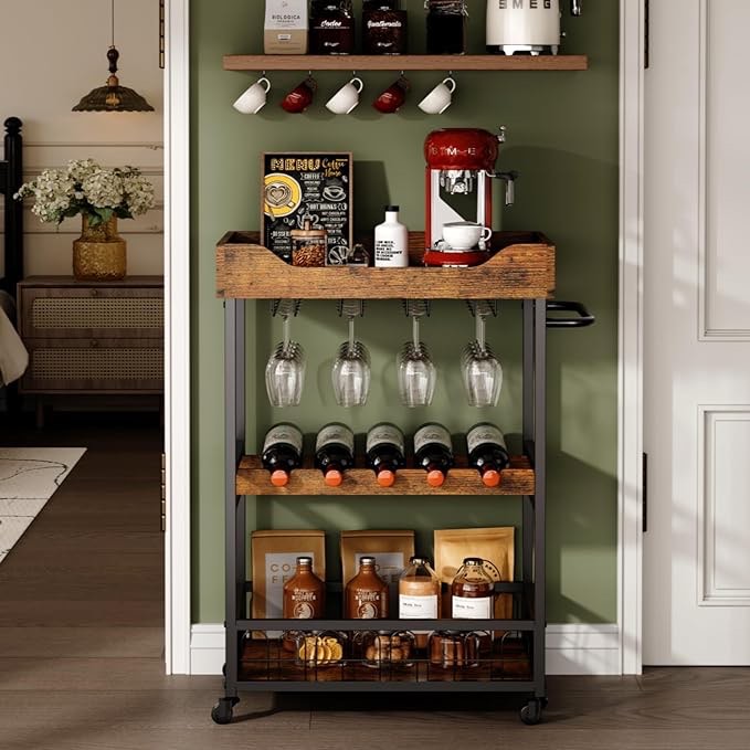 X-cosrack Bar Cart with Wine Rack, Mobile Bar Carts for The Home, Kitchen Serving Cart with Storage and Glass Holder, Removable Wood Tray, Industrial Wine Cart on Wheels with Handle, Brown