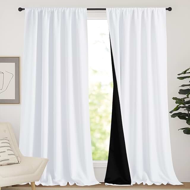 NICETOWN 100% Blackout Window Curtain Panels, Heat and Full Light Blocking Drapes with Black Liner for Nursery, 84 inches Drop Thermal Insulated Draperies (White, 2 Pieces, 52 inches Wide Each Panel)