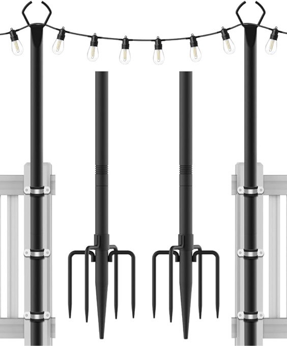 AILBTON String Light Poles,10 Ft Light Poles for Outside String Lights,Outdoor Light Poles with Fence Brackets for Hanging String Lights,Metal Poles Stand for Deck Patio Backyard (2 Pack)