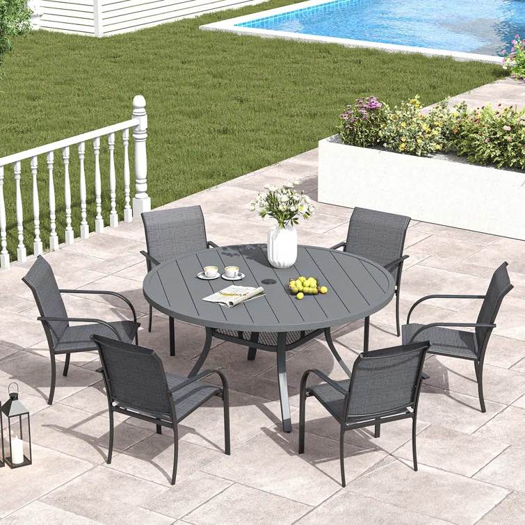 Black/Gray Round 6 - Person 48'' L Outdoor Dining Set with 6 Stackable Textilene Chairs (incomplete one chair)
