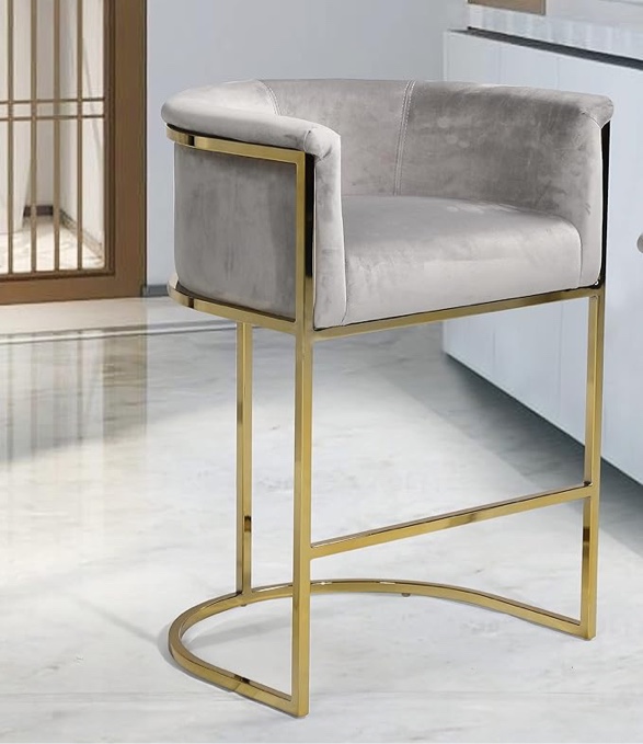 Finley Counter Stool Chair Velvet Upholstered Rolled Shelter Arm Design Half-Moon Goldtone Solid Metal U-Shaped Base Modern Contemporary, Grey