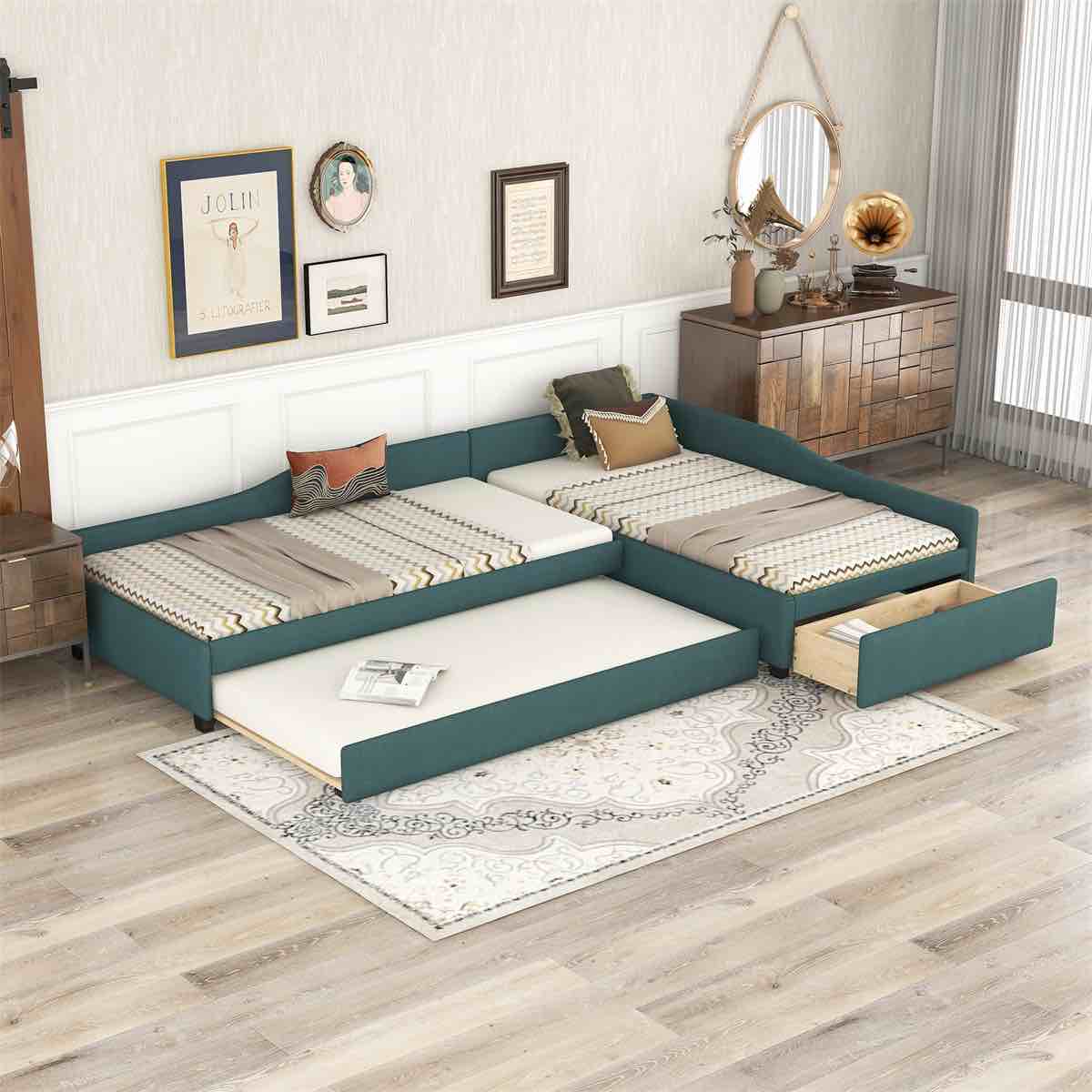 Double Twin Daybed with Trundle and Drawer,Upholstered L-Shaped Sofa Bed Wood Daybed Frame with Slats Support,3 in 1 Design Storage Bed Frame for Bedroom Living Room,No Box Spring Needed,Green