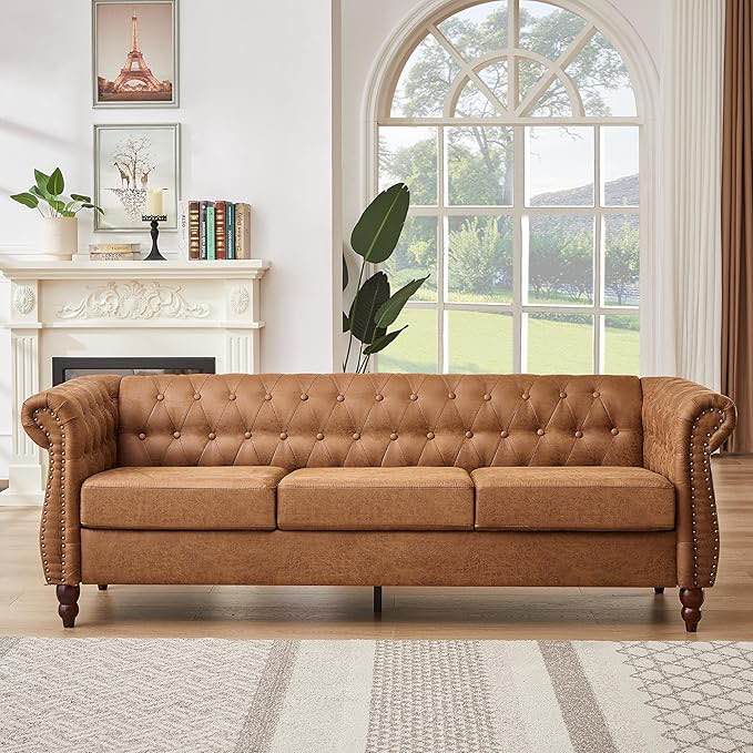 HIFIT Sofá moderno de piel sintética de 84 pulgadas de ancho con 3 asientos profundos, botón completamente hecho a mano, brazos enrollados anchos y marco de madera maciza, sofá de 3 plazas para sala Visita la tienda de HIFIT