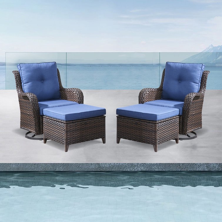 Brown Frame/Blue Cushion Bonia Makennah Swivel rocking Patio Chair with Cushions and Ottoman 