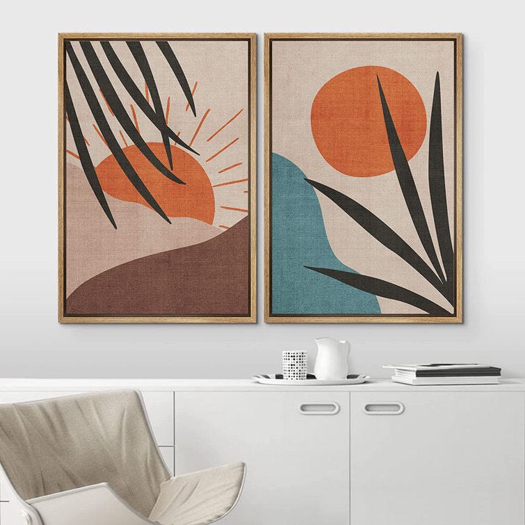 24" H x 32" W x 1.5" D Sun And Moon " Mid-Century Pastel Rising Sun Forest Plant " 2 - Pieces
