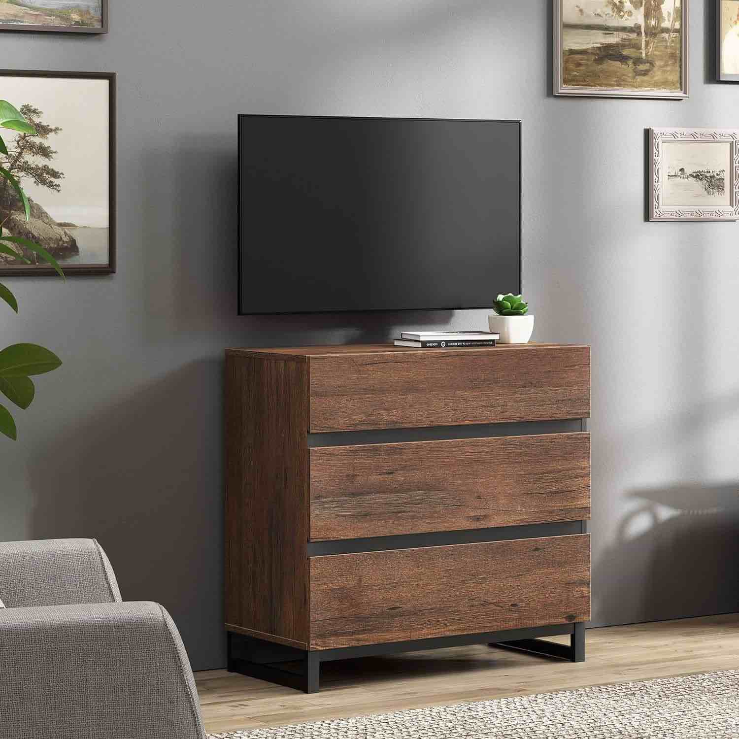 WAMPAT Modern TV Stand for TVs up to 42 inch, Entertainment Center TV Console with 3 Drawers & Metal Base, Media Console for Living Room, Bedroom, Brown