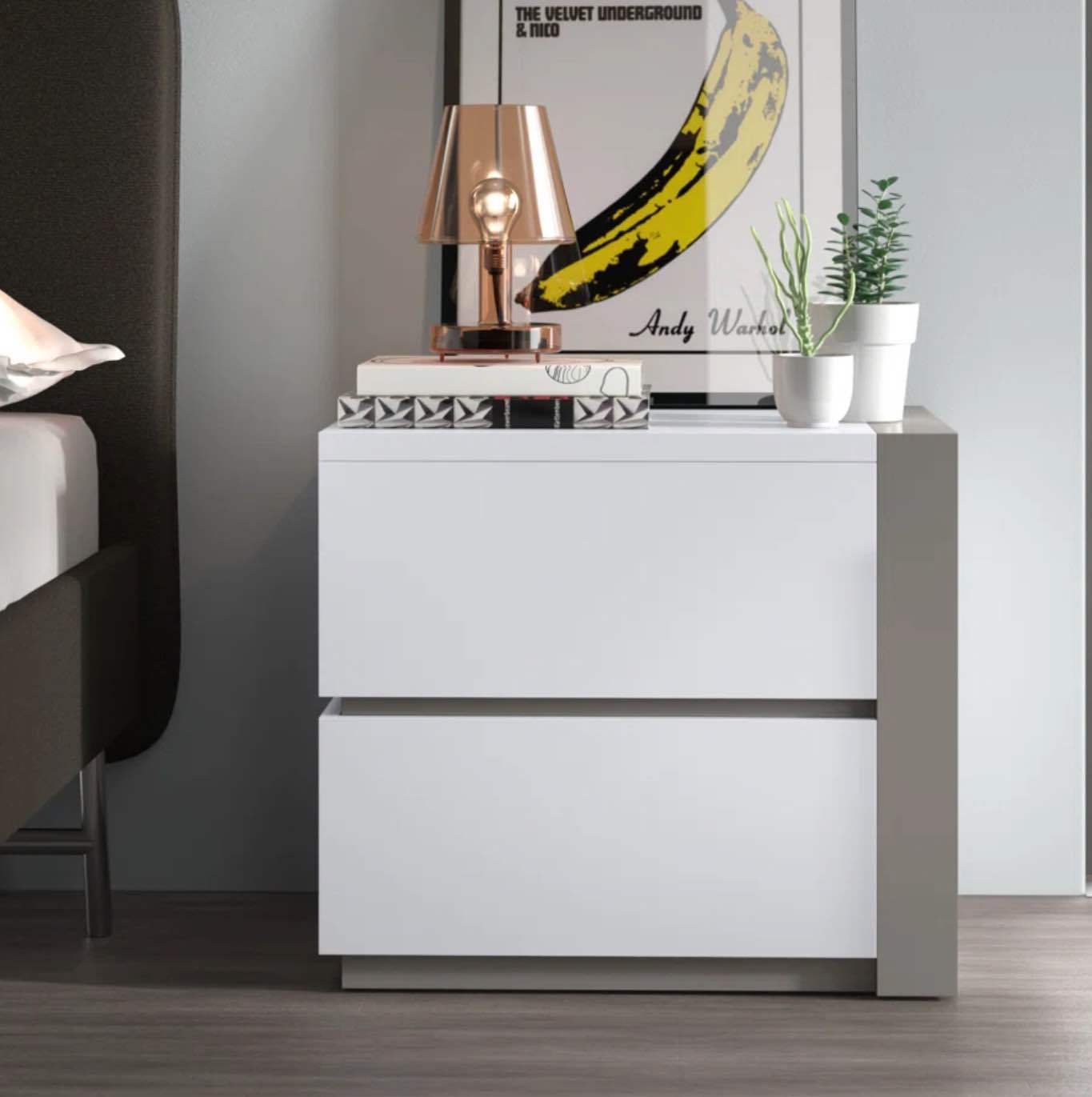 Lamantia 2 - Drawer Plastic Right Facing Nightstand in Gloss Gray/ White