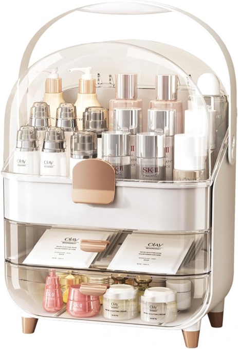 Egg Shape Makeup Storage Box, Countertop Portable Vanity Cosmetics Organizer?makeup organizer?Cosmetics Display Case with 2-Layer Storage Box and Transparent Cover?Ideal Gifts for Women (01-White)