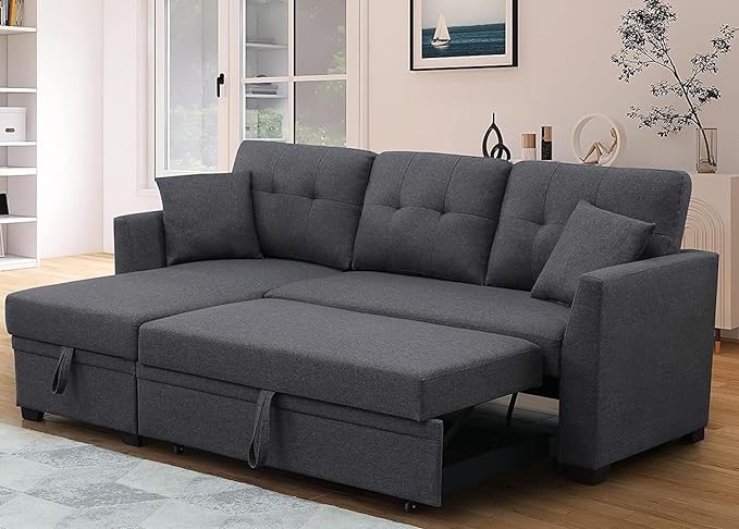 3 Seater Sleeper Sofa with Pull Out Couch, Storage Chaise, Dark Gray, Polyester, Wooden Frame, Small Sectional for Living Room, Dorm, Apartment ( Box 1/2 Incomplete)