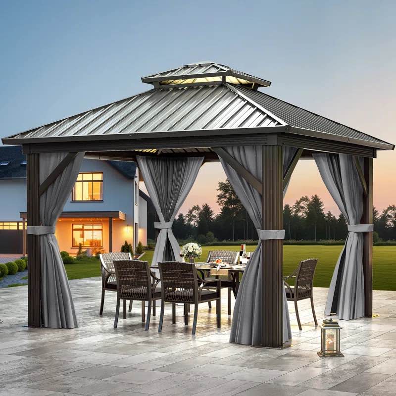 Outdoor Metal Hardtop Patio Gazebo with Privacy Curtain and Mosquito Netting ( Incomplete’