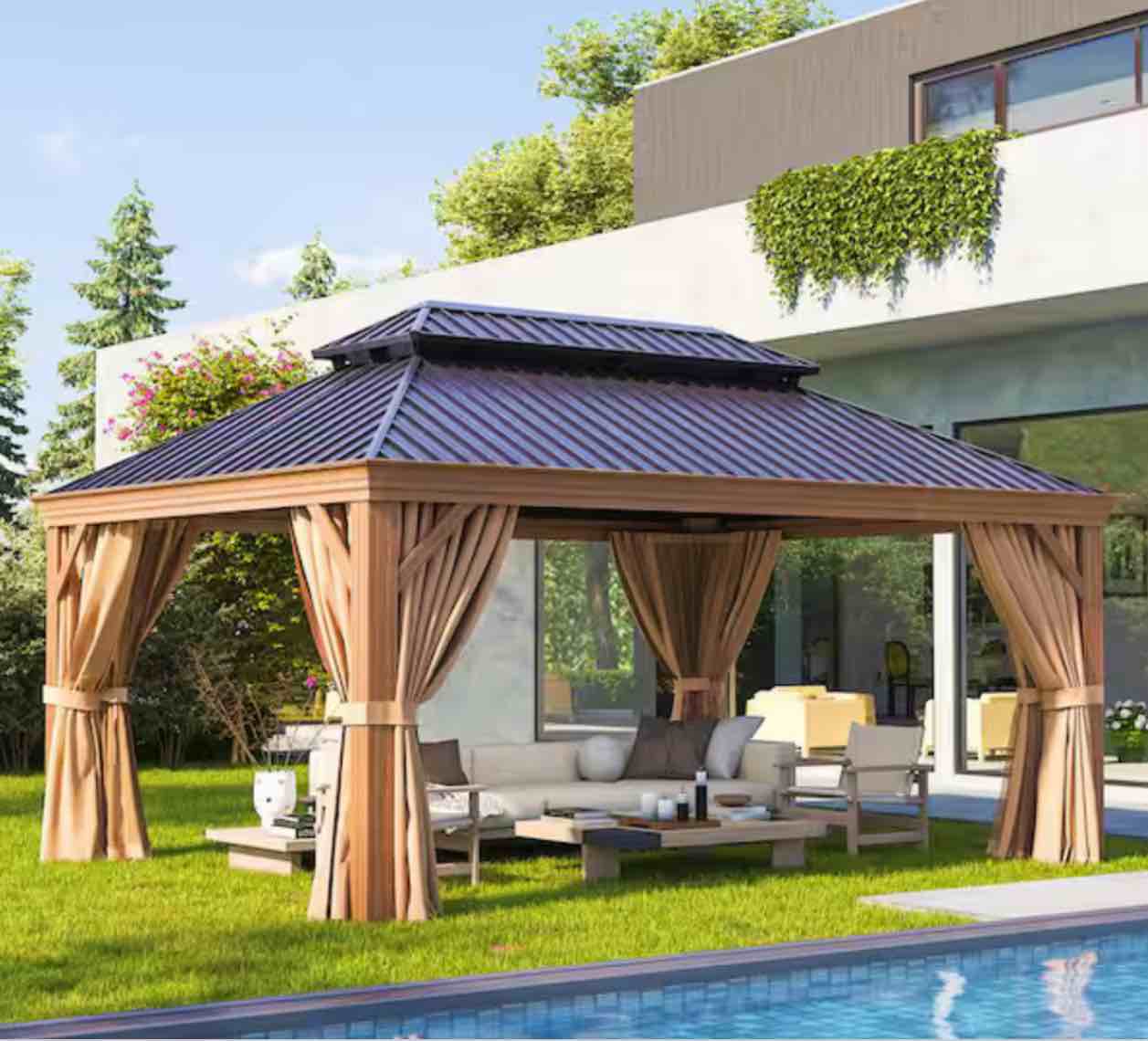 16 ft. x 12 ft. Wood Grain Double Galvanized Steel Roof Hardtop Gazabo with Ceiling Hook, Curtains and Netting ( Box 1/6 Incomplete)