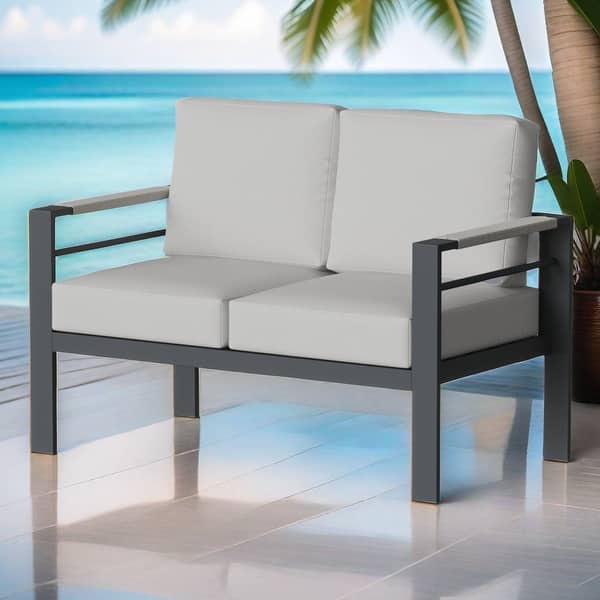 Outdoor Aluminum Loveseat with Braided Rope Armrests and Grey Cushions