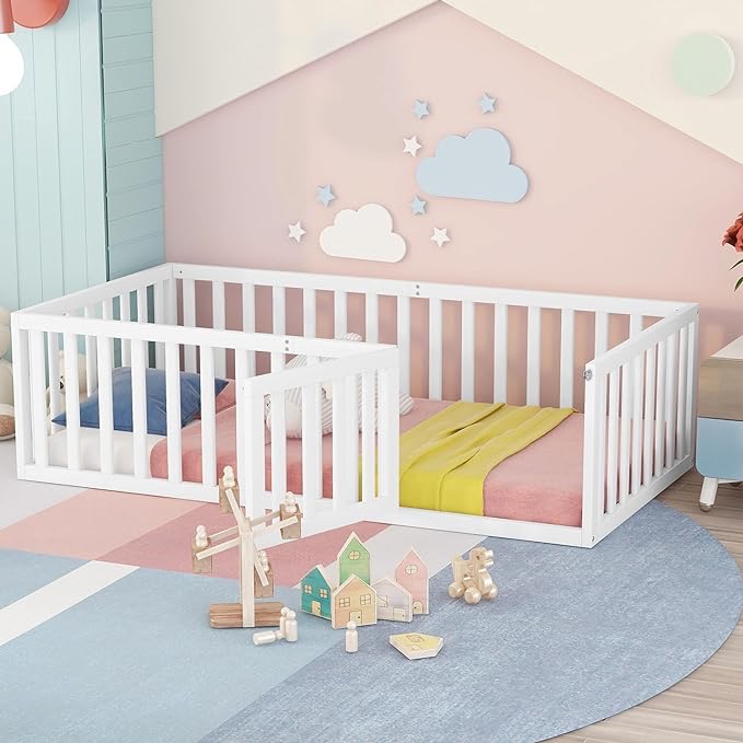 Twin Size Floor Bed Frame for Kids Wood Montessori Floor Beds with Fence Railings & Support Slats for Kids, Twin Playhouse Bed for Boys Girls, No Box Spring Needed, White