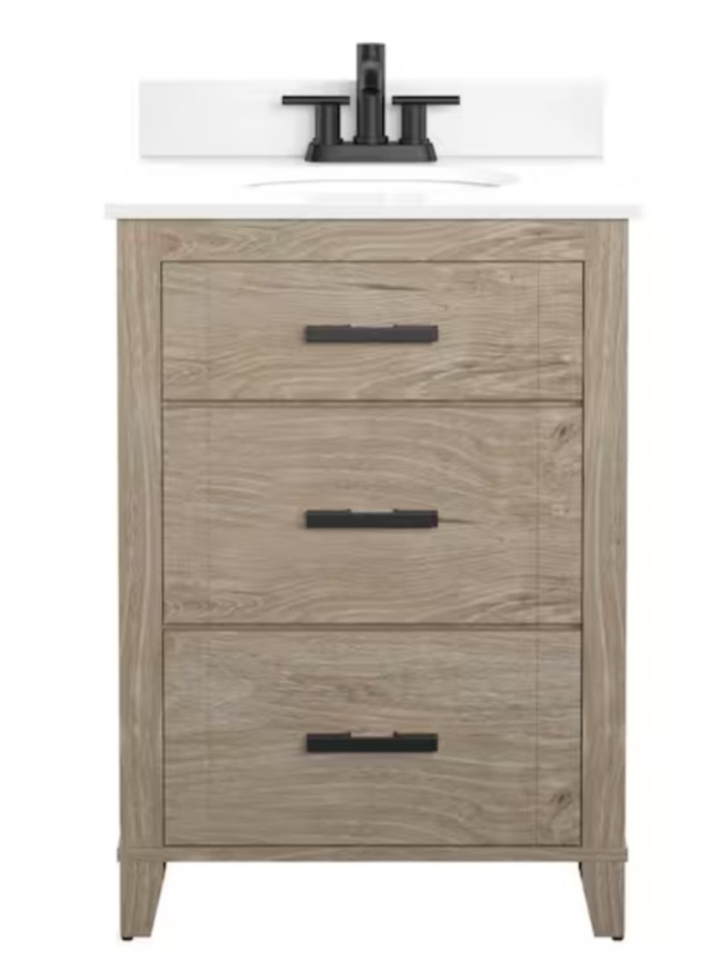 Questions and Answers for Glacier Bay Farmdale 24 in. W x 20 in. D x 37.9 in. H Bath Vanity in Natural Oak with White Stone Top