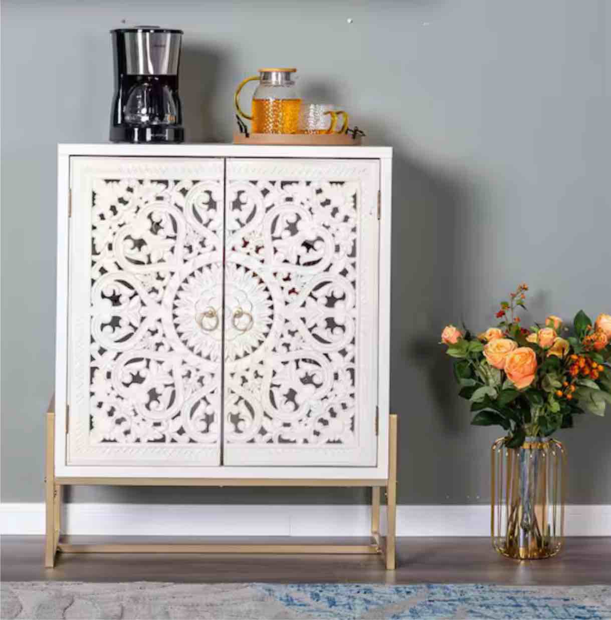37.4 in. White Hollow Carved Accent Storage Cabinet with 2-Door