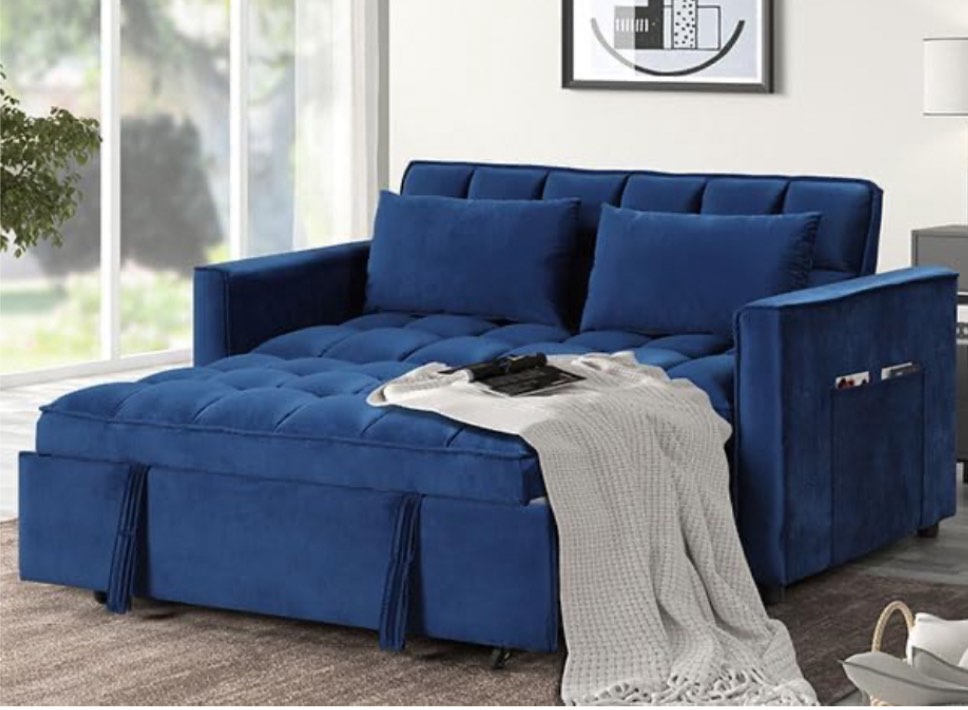 3 in 1 Convertible Sleeper Sofa Bed, Modern Velvet Loveseat Futon Couch Pullout Bed with Side Storage Pockets and Pillows, Small Love Seat Lounge Sofa Bed for Small Space, Living Room (Incomplete 2/2 Box)