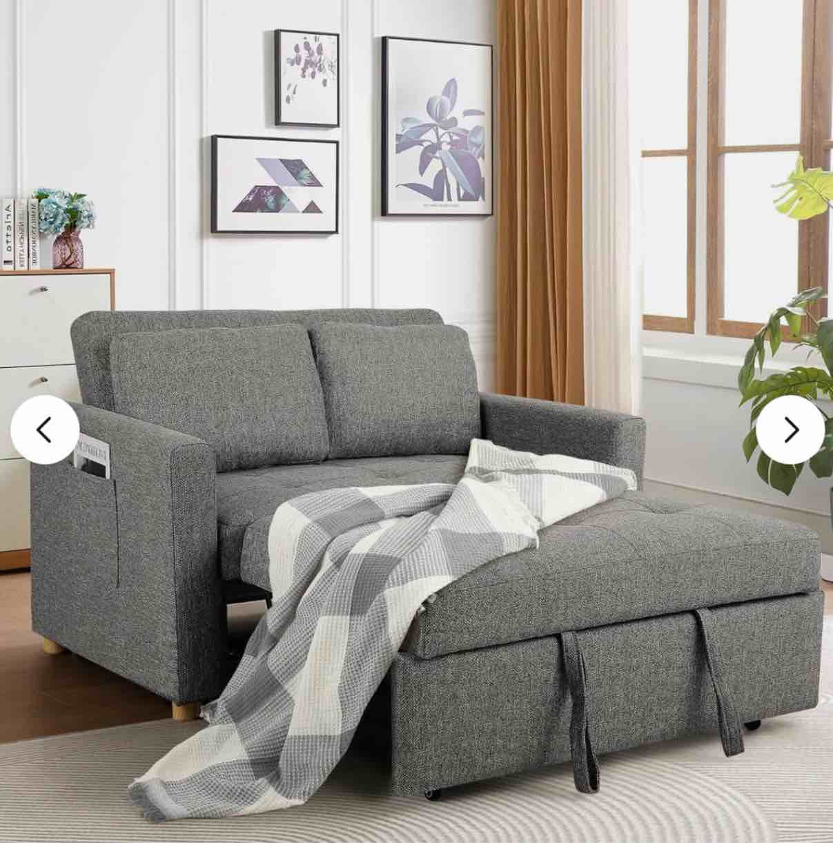  Convertible Sofa Bed, Linen Fabric Sleeper Couch Pull Out Bed 2-Seater Loveseat(incomplete, Missing Pieces)