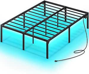 Rolanstar Bed Frame with Power Outlets& Led Lights, 14 Inch Metal Platform Bed Frame with Heavy Duty Steel Slat Support, Storage Space Beneath Bed, No Box Spring Needed, Noise Free, Black, Twin